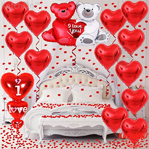 Giant, Teddy Bear Balloons Set - 40 Inch, Pack Of 14 | Pack Of 1000 Red Rose Petals For Valentines Day Decor | Red Heart Shaped Balloons, I Love You Balloons For Romantic Decorations Special Night #TOP2
