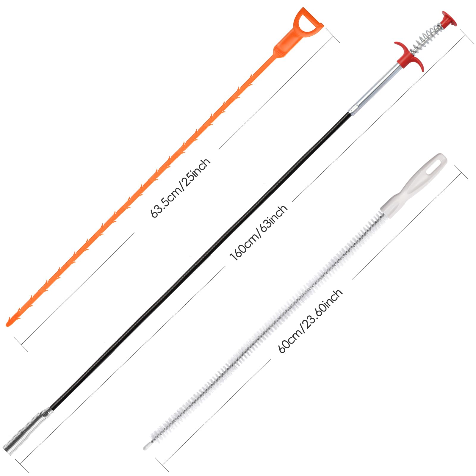 63 Inch Long Stainless Steel Drain Clog Remover (1pcs), 25 inch Drain Snake Hair Remover (6pcs) ?23.6 inch Cleaning Brush (2pcs) Tool Set for Toilet, Kitchen Sink, Bathroom Tub, Sewer, 9, Pieces Set