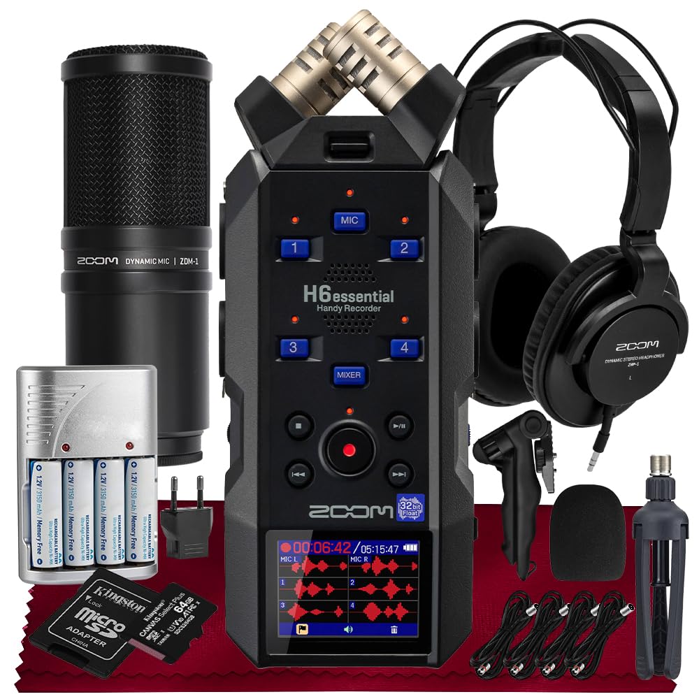 Zoom H6essential Portable Studio Recorder, H6E 32-Bit Float, 6-Track Recorder, 4XLR/TRS - 64GB SD, Tripod, Podcast Mic Pack, Rechargeable Batteries & More for Musician Podcaster Filmmaker
