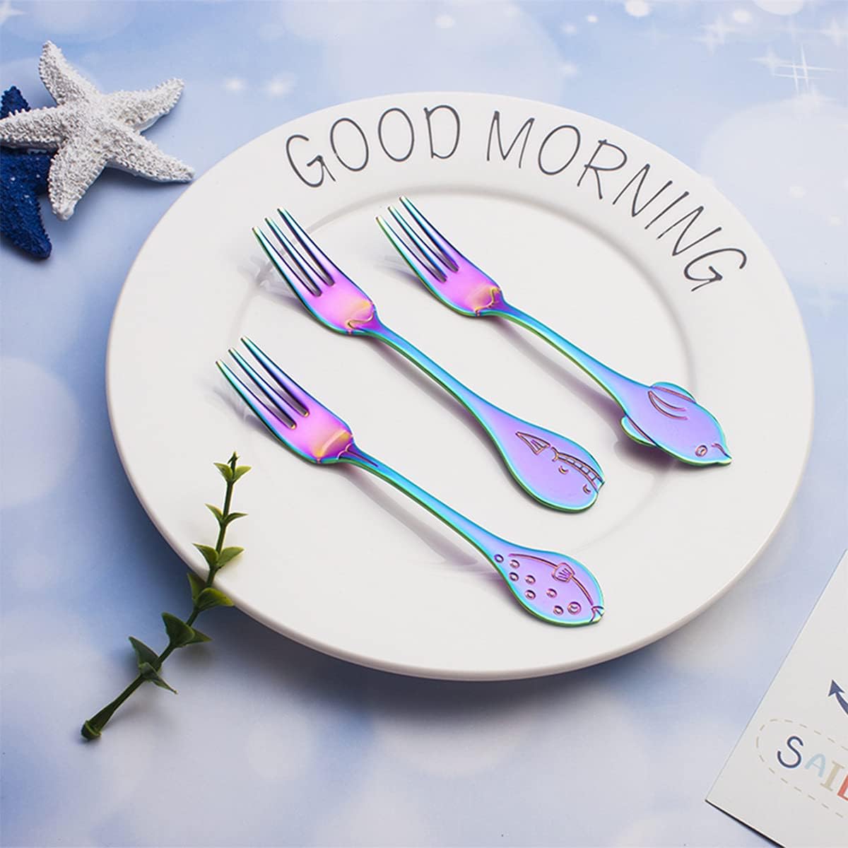Flatware Silverware Set, 1/4/6/8/10/12pcs 304 Stainless Steel Fruit Fork Creative Ocean Cartoon Dolphin Tableware Dessert Cake Fork, Tableware Cutlery Set(Silver,6Pcs)
