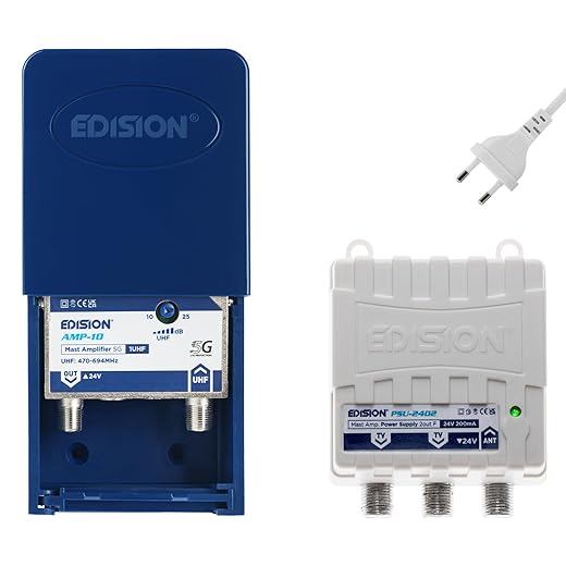 EDISION MAK-100 Kit: Préamplificateur de mât Antenne TV TNT 1UHF, 10-25db, 107dBmV, 24V, pour Numérique Terrestre DVB-T/T2, avec Filtre 5G LTE + Alimentation 24V 200mA F 2 Sorties