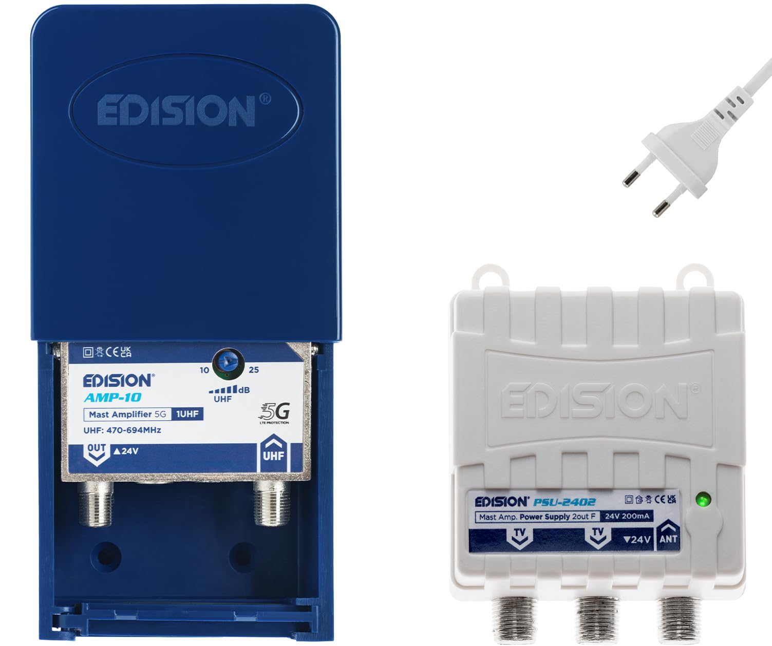 EDISION MAK-100 Kit Préamplificateur de mât Antenne TV TNT 1UHF 10-25dB 107dBmV 24V DVB-T/T2 Filtre 5G LTE Alimentation 24V 200mA 2 Sorties