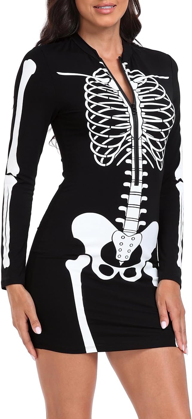 HDE Women's Skeleton Dress Long Sleeve Halloween Party Bones Bodycon Dress