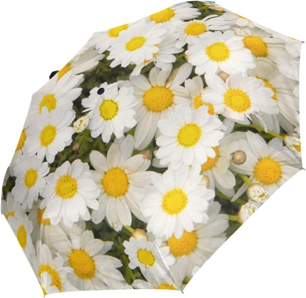 senya White Daisy Compact Travel Umbrella Sun and Rain Windproof Auto Open Close Folding Umbrella