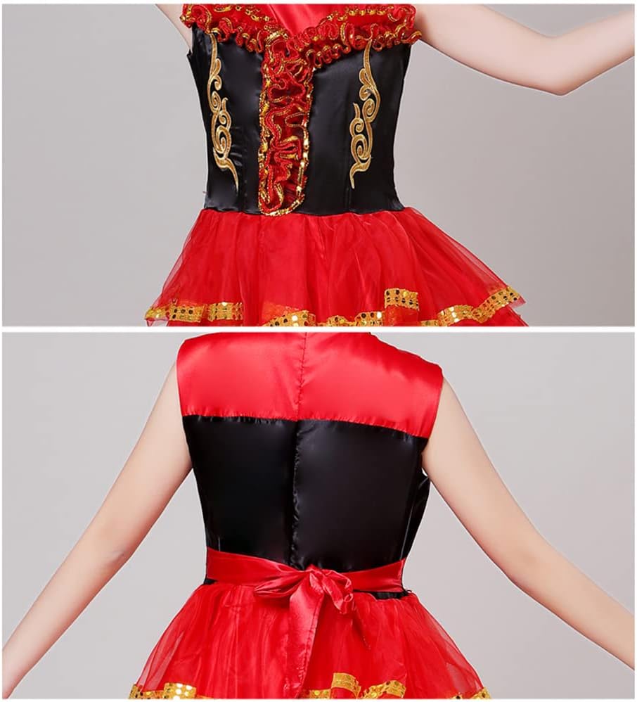 Girls Flamenco Dancer Satin Sleeveless Kids Gypsy Spanish Folklorico Performance Dress