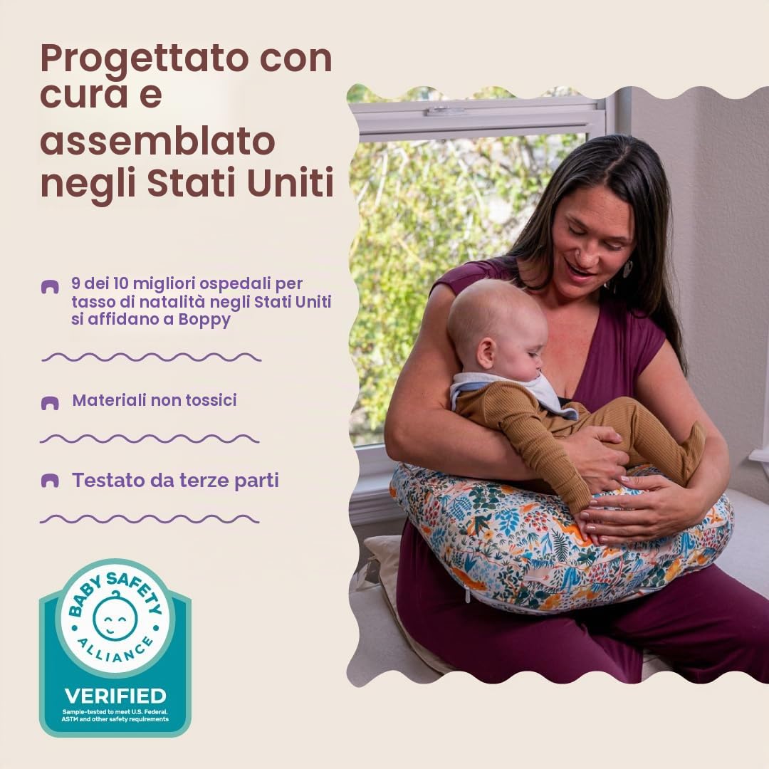 Boppy Cuscino per allattamento – Animali della foresta colorati – Cuscino più grande e di supporto per allattamento al seno e biberon – Riempimento più solido, sollevamento più alto, area più ampia