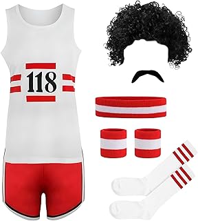 Joyesplay Halloween 118 Fancy Dress Costume,Marathon Retro Outfit 7 PCS with Vest Shorts Moustache Socks Headbands Wig Wristband Funny Costume Halloween Costumes for Men Fancy Dress