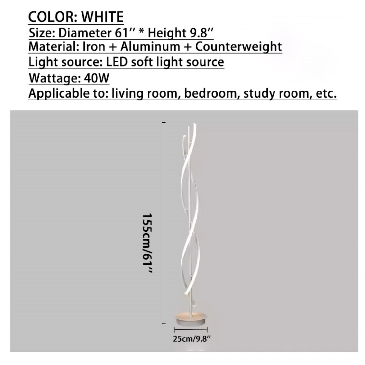Lampada da Terra a LED da 40 W, dimmerabile, con Telecomando, a Spirale, per Interni, per soggiorni, camere da Letto, uffici (Bianco)