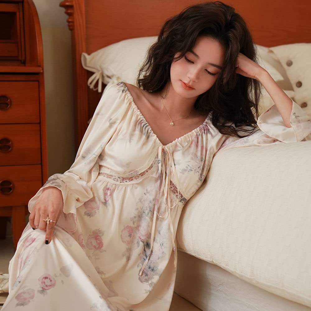Nachthemd Damen,Damen Nachthemden Beige Satin V-Ausschnitt Krawatte Hohle Spitze Blumendruck Sexy Schlafhemd Weiche Bequeme Lange Ärmel Nachthemd Loungewear Für Damen Mädchen Pyjama Party Weihnac