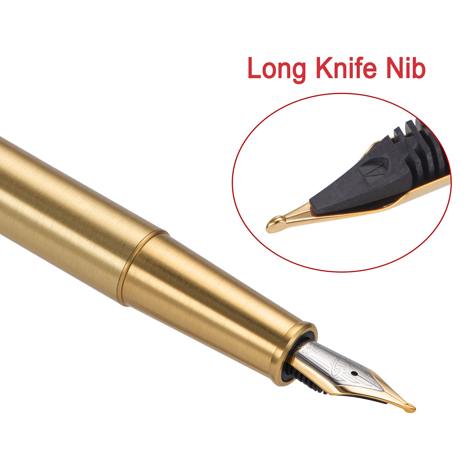 Hongdian 1861 Fountain Pen, Long Blade Nib, Raw Brass Design with Converter and Metal Pen Case Set - Image 2