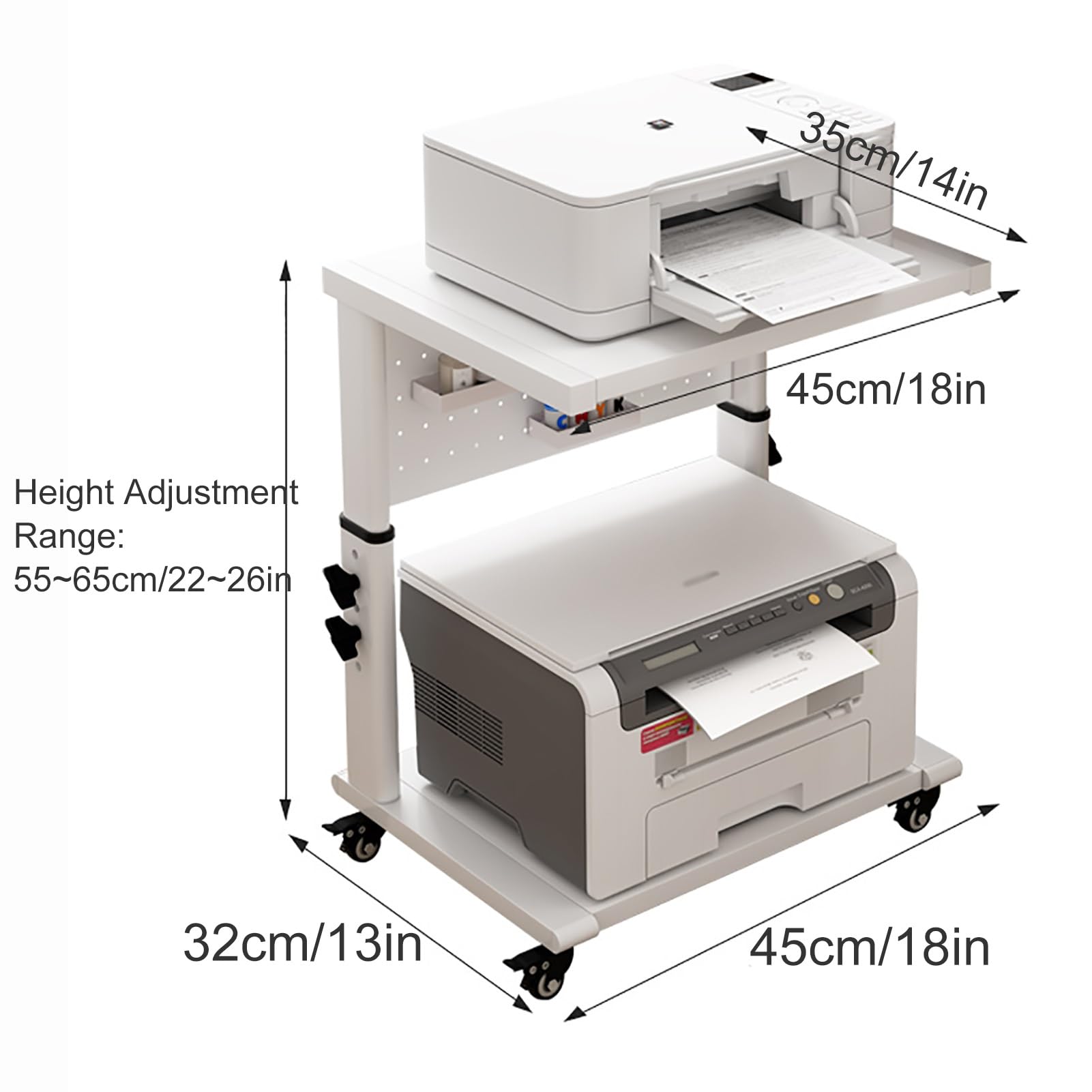 Blanco Mueble Impresora, Mesa Impresora con Tablero Perforado, Carro para Trituradora con Ruedas, para Oficina en Casa