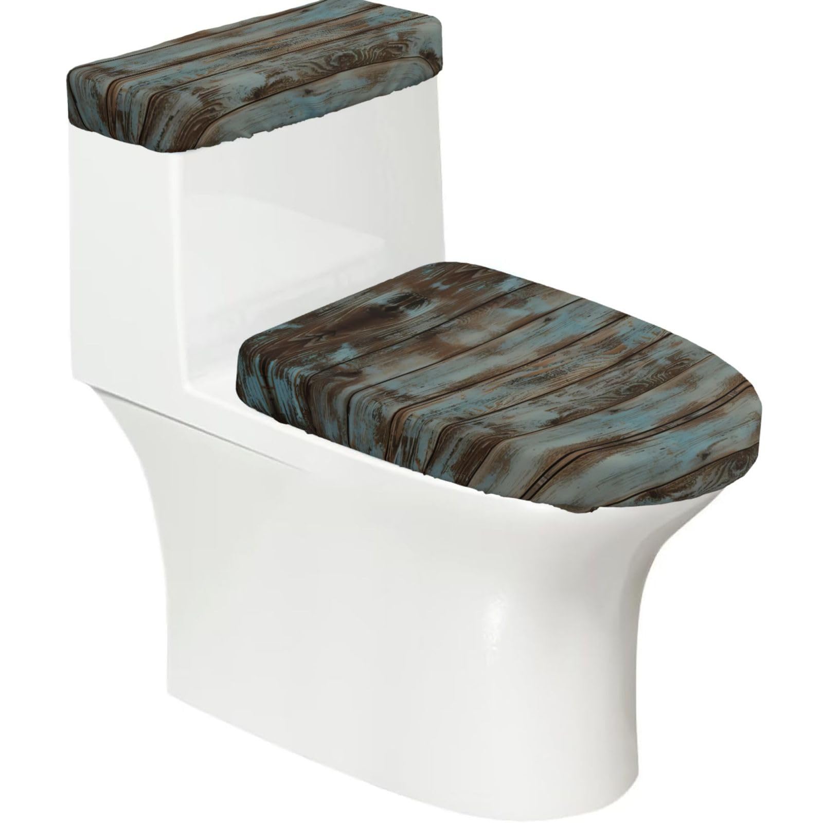Rustic Old Barn Wood 2-Piece Toilet Seat Cover Set with Tank Lid - Elastic for U-Shape & Elongated - Bathroom Decor