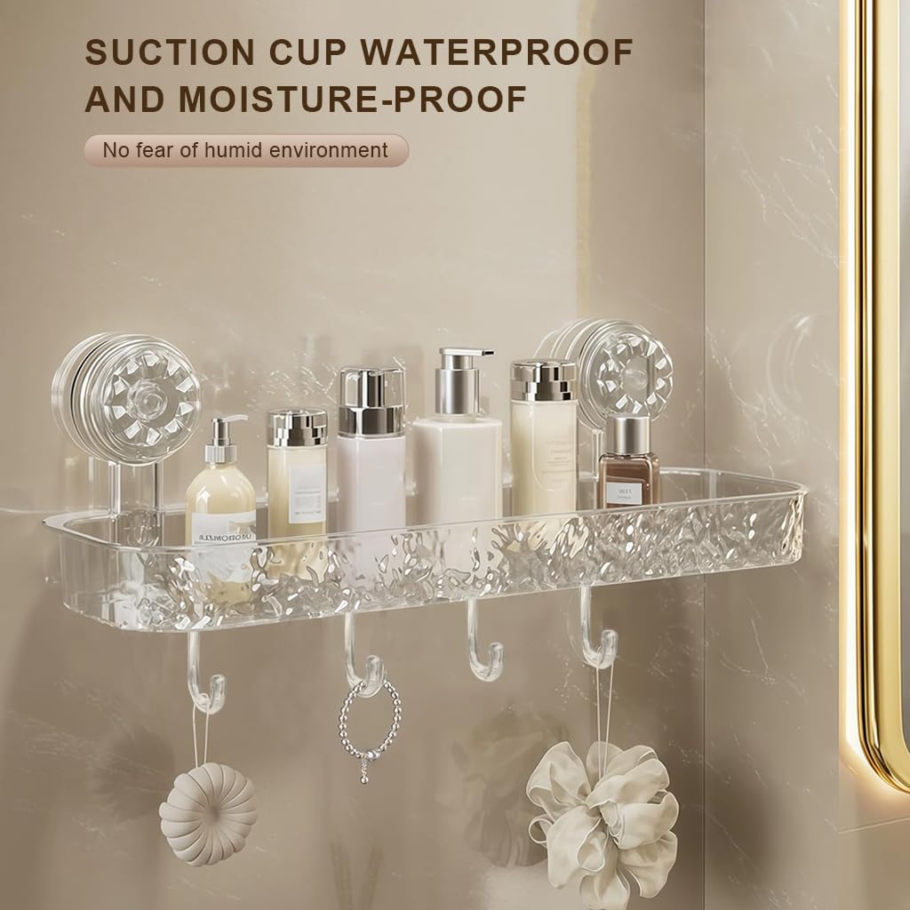 HASTHIP® Bathroom Toiletries Organizer Tray Wall Mounted Suction Cup Storage Rack with 4 Hooks, Slotted Open for Quick Drainage, Fashion Clear Textured Wall Storage Tray - Image 4 thumbnail