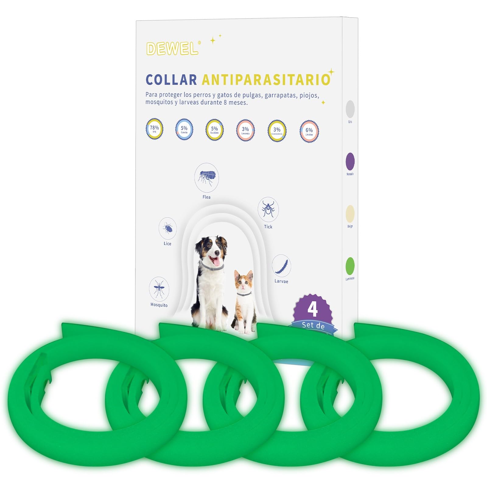 DEWEL Collares Antiparasitarios, Collares contra Pulgas y Garrapatas para Perros y Gatos, Collares Antipulgas Ajustable para Mascotas (Luminoso, L-63.5 cm)