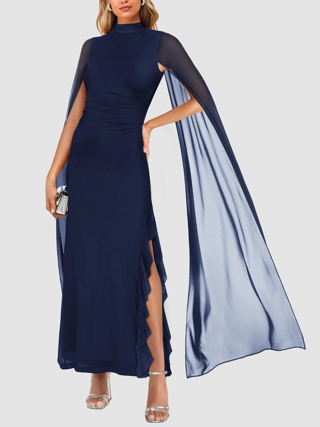 Lrady Women's Wedding Guest Dress Evening Gowns High Neck Formal Cocktail Party Maxi Bodycon Dresses with Cape Sleeve