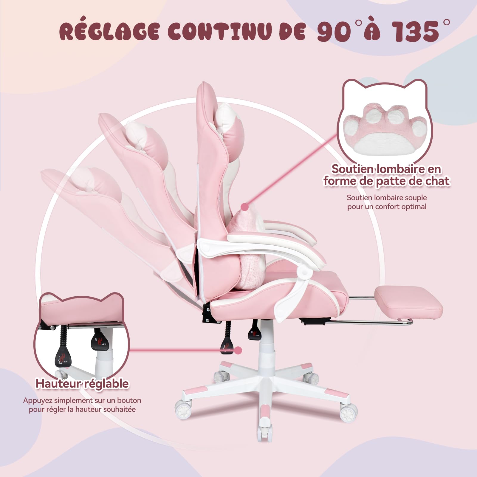 YOURLITE Chaise Gaming Rose Chat,Fauteuil Gamer Ergonomique,Rose et Blanc