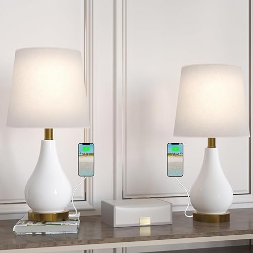 Miniatura 2 de Maxax Juego de 2 lámparas de mesa, lámpara de mesita de noche de cerámica con puerto de carga USB, pantalla de tela de tambor blanca para sala de