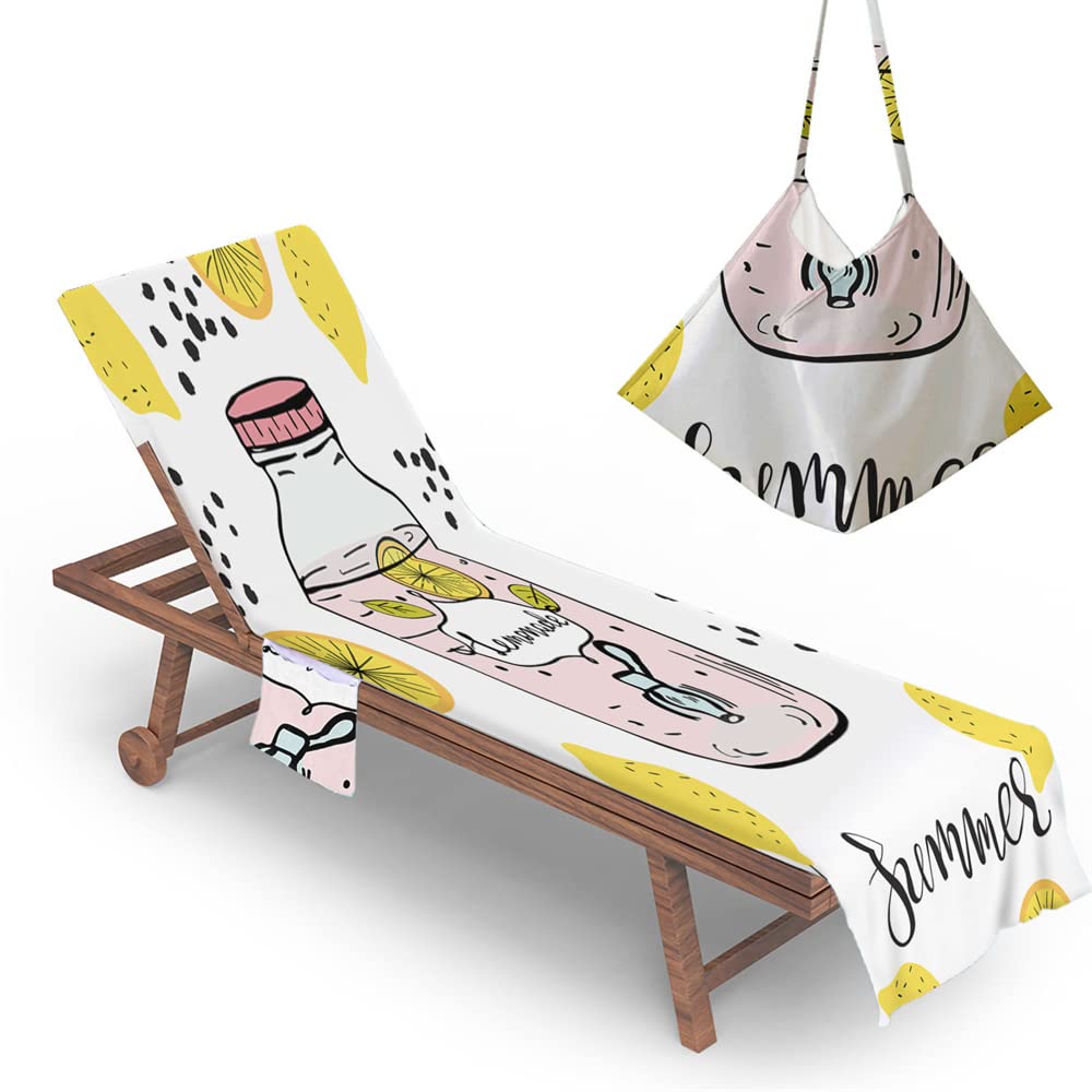 RRrawgff Beach Chair Cover Towel Creative Summer Style print Beach Towel Lounger Bags with Pockets, Fitted Microfiber Sunbed Towels Summer Outdoor Sun Lounger Towels (73x210cm,Lemonade)