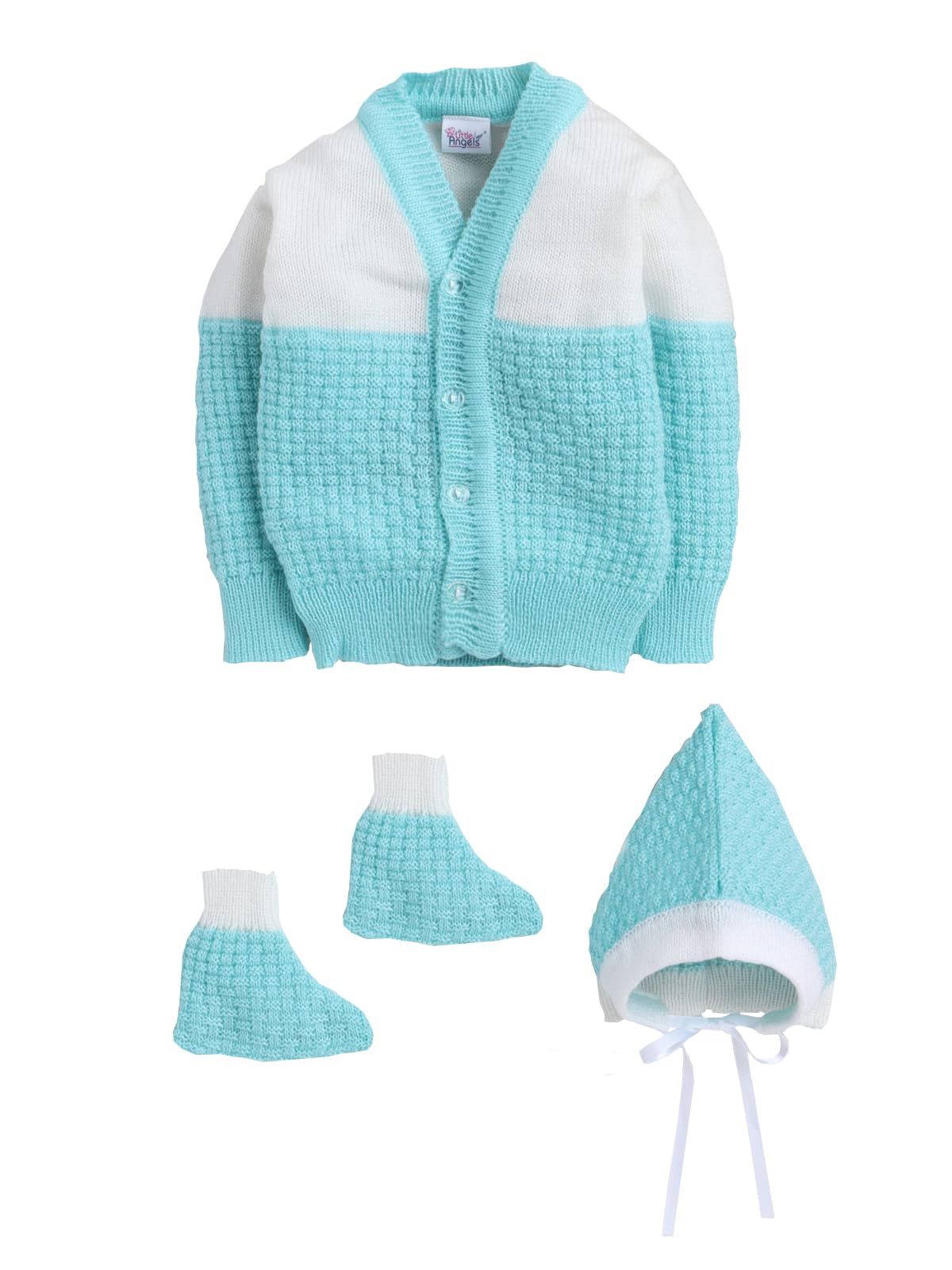 Little Angels Baby Sweater Set - 3 Pcs Woollen Full Sleeves V-Neck Checkered Sweater, Cap & Socks for Baby Boys 0 to 3 Months (White & Green)-image-41