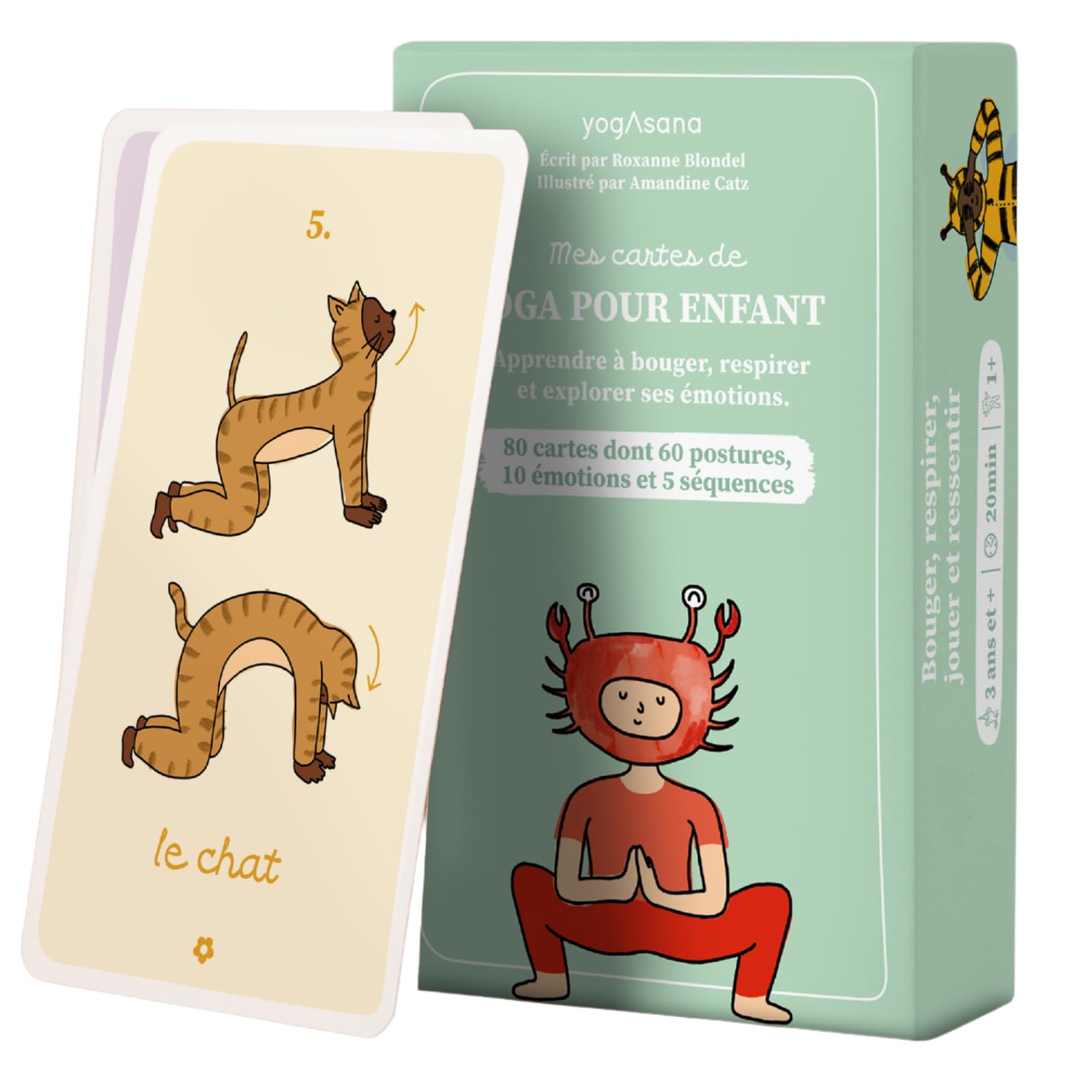 YogAsana Yoga Niño 75 Cartas - Estuche divertido y educativo de Tarjetas de Yoga y Emociones + 5 Historias - Tarjeta Yoga Infantil - Desarrollo motricidad, Confianza, Imaginación y calma