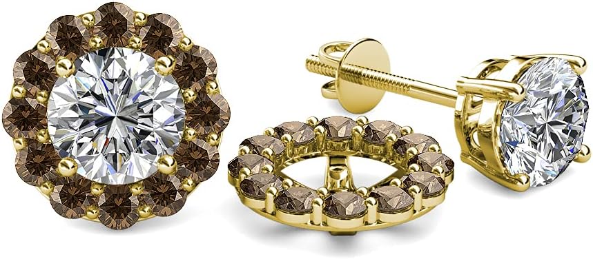 Smoky Quartz Halo Jacket for Stud Earrings 0.72 ctw 14K Yellow Gold