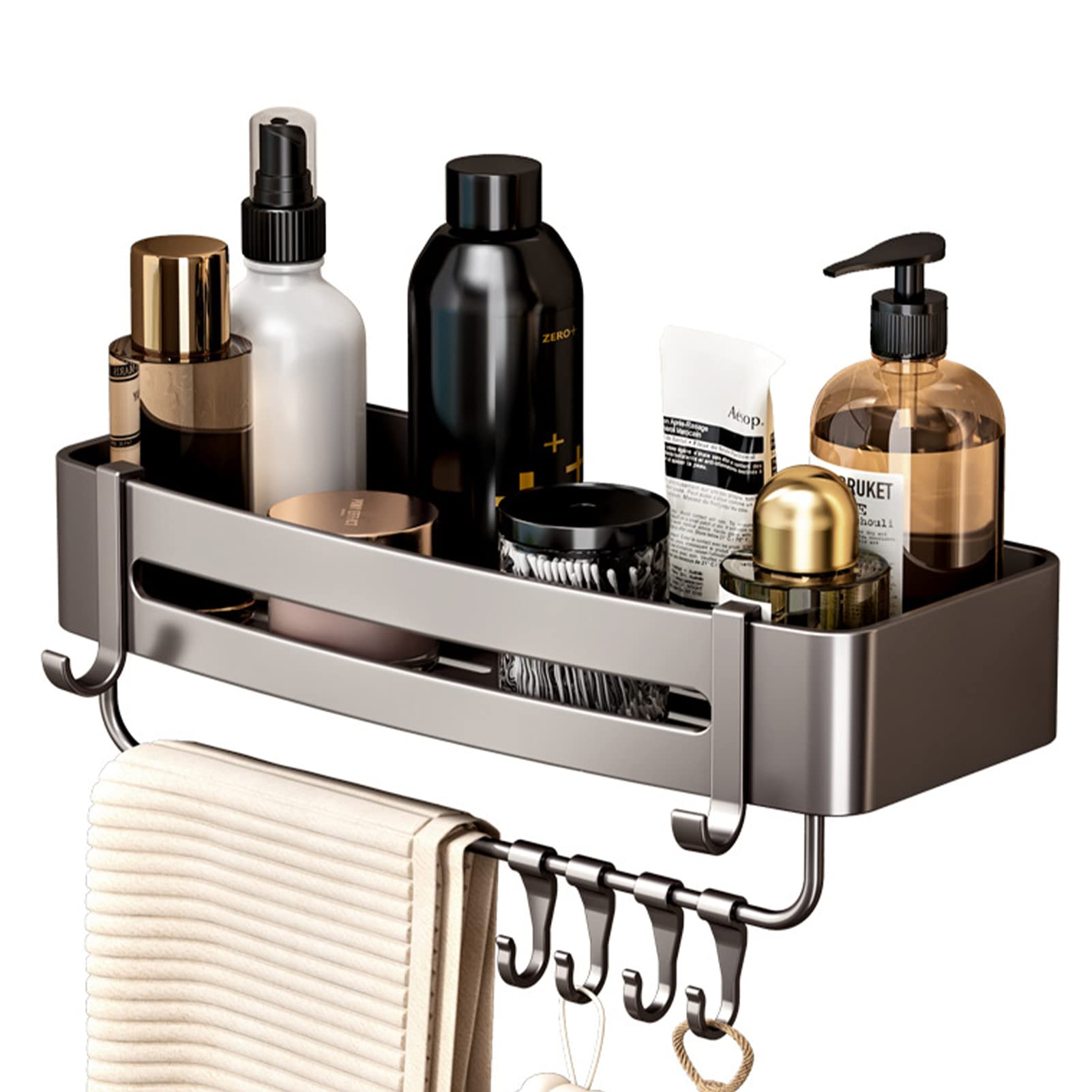 Tuzsocr Corner Shower Caddy, Bathroom Shelf Organiser No Drilling, Adhesive Wall Mounted Shower Baskets, Rust-Free Shower Rack for Shampoo, Bathroom Accessories,with 4 Hooks and 1 Towel Rack (Style 4)