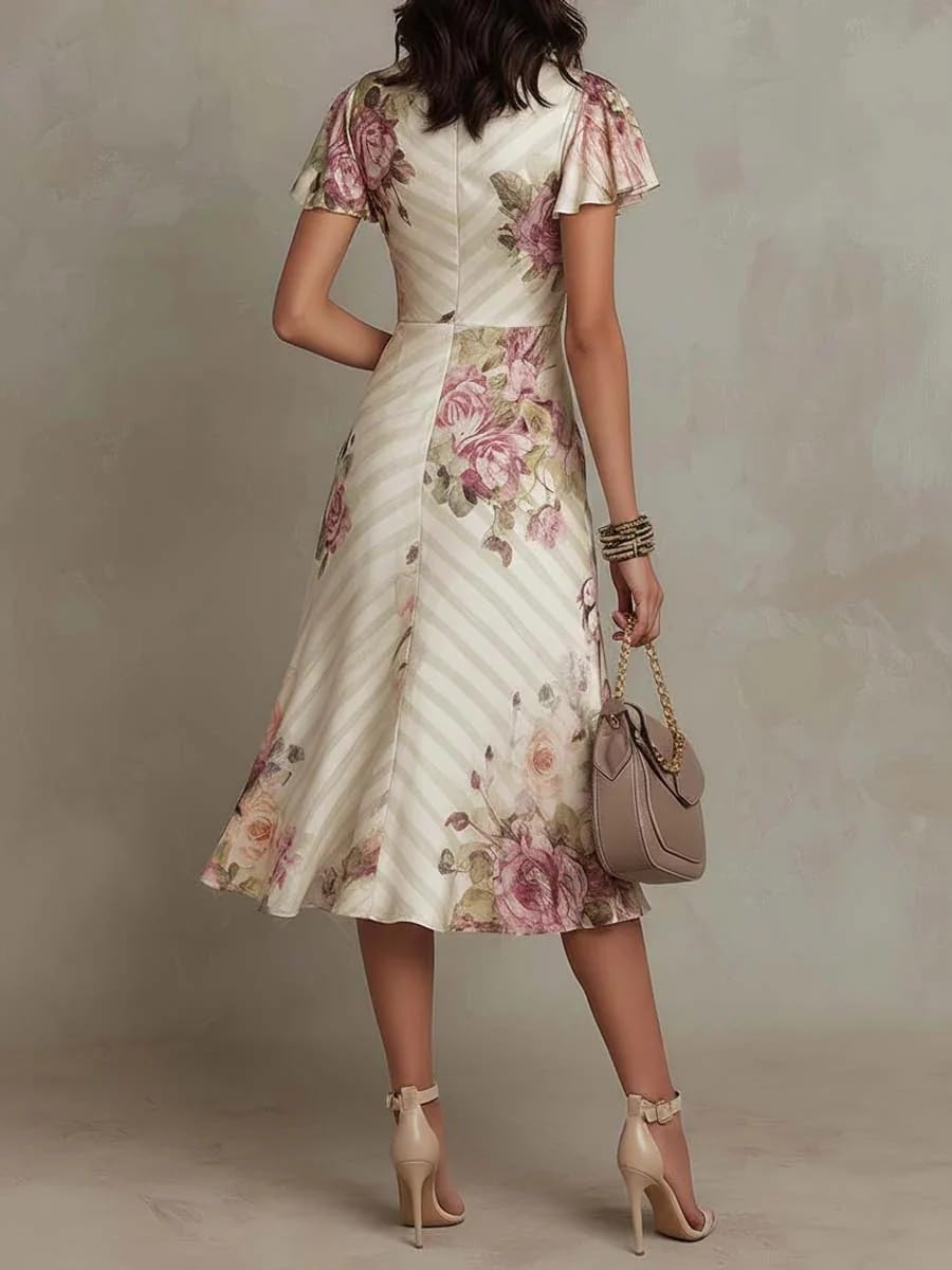 Vestito Donna Abito Midi Floreale in Raso per Donna Estivo Elegante con Maniche A Volant Scollo A V Profondo Abito A Portafoglio Arricciato Abito Boho Color Albicocca in Seta A Trapezio A