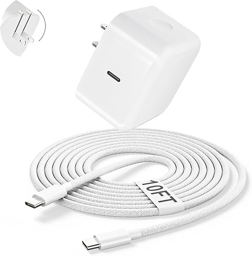 Cargador de pared de 40 W con 60 W máximo, 1 enchufe plegable y cable USB C-C de 10 pies, adaptador de cargador rápido adecuado para dispositivos