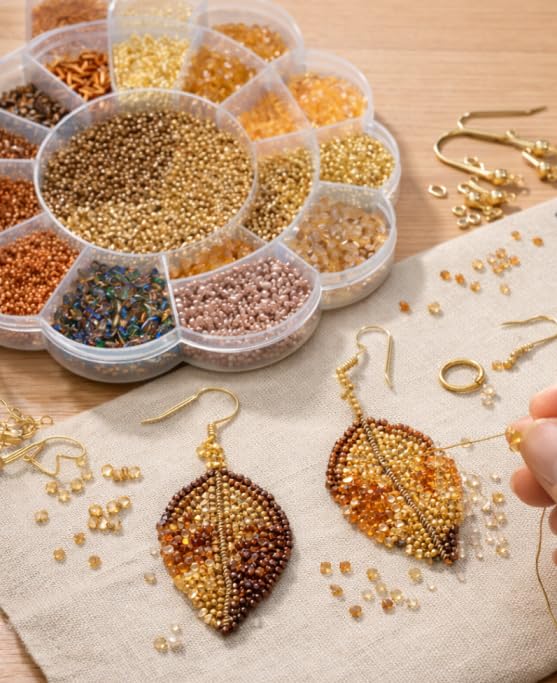 Image of Beadsnfashion Glass Seed Beads Shades of Earthy Color Tones DIY Kit with Nylon Thread for Jewellery Making, Beading, Arts and Crafts and Embroidery, 15 Colors, Size 2mm