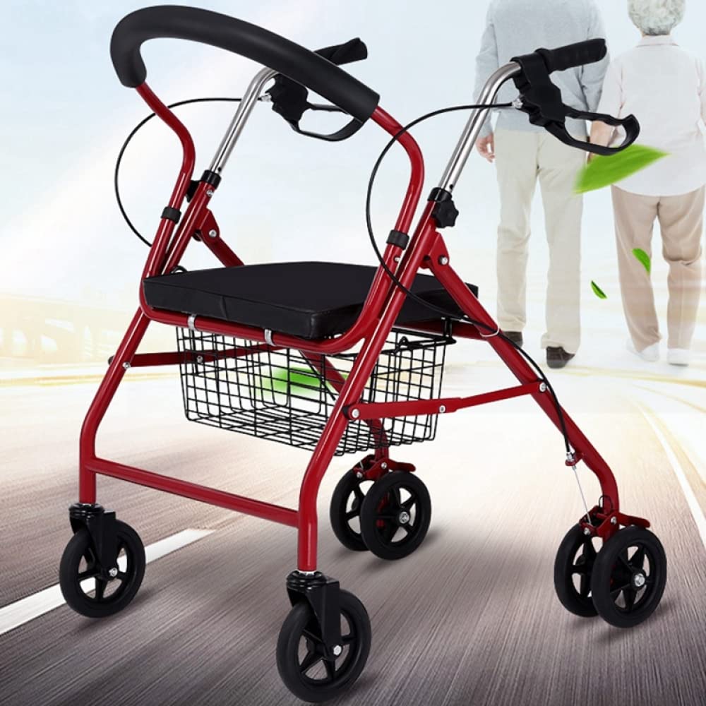 NOBRIM Walker składane regulowane ramiona do starszych przenośnych wózków z czterema kółkami mogą być pchane i siedzące, wspomagające mobilność, czerwone