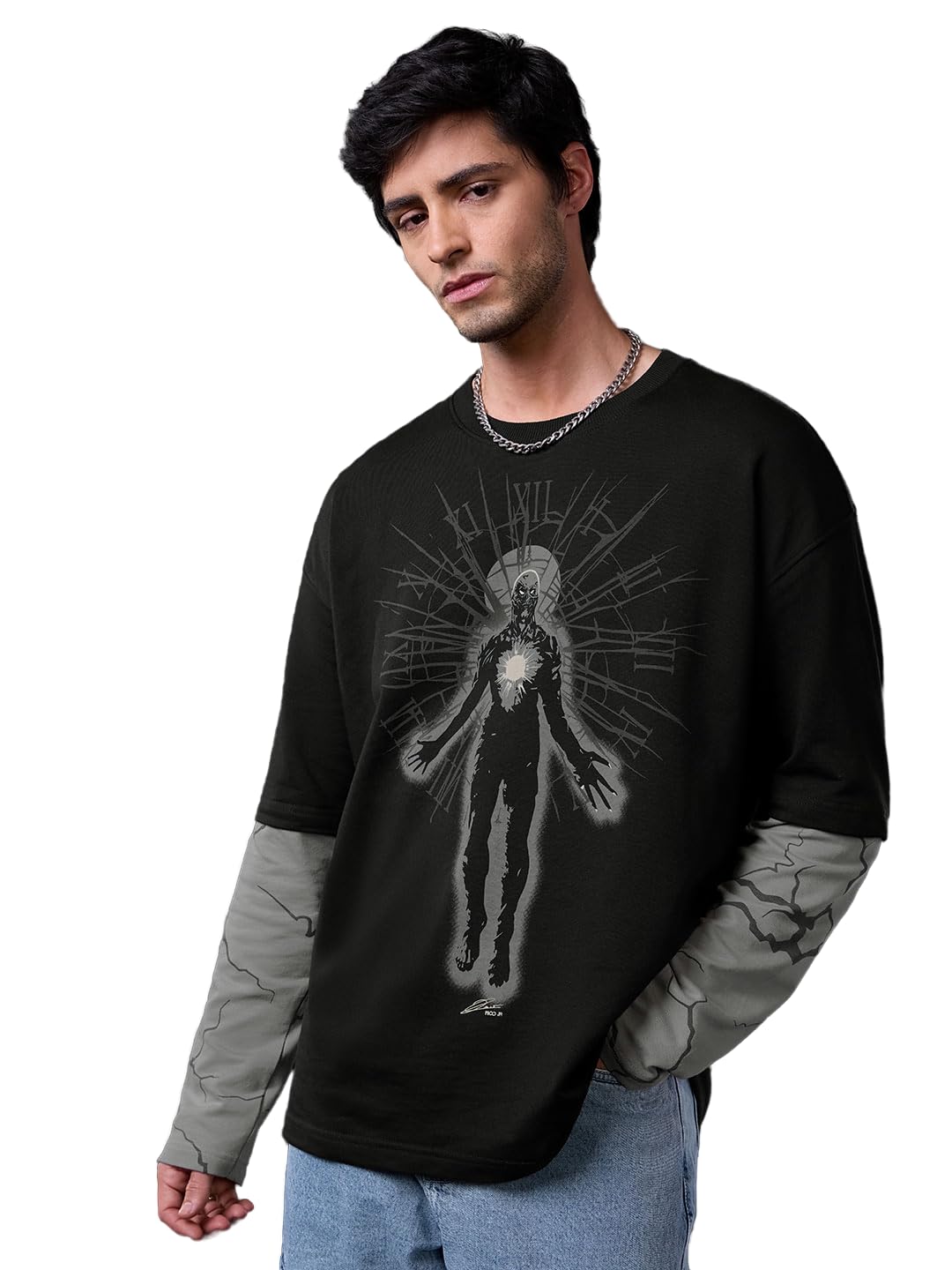 the souled store Official Stranger Things: Vecna Men and Boys Long Sleeves Round Neck Black Graphic Printed Casual Drop Shoulder Lightweight Cotton Oversized Full Sleeve T-Shirts-picture-44