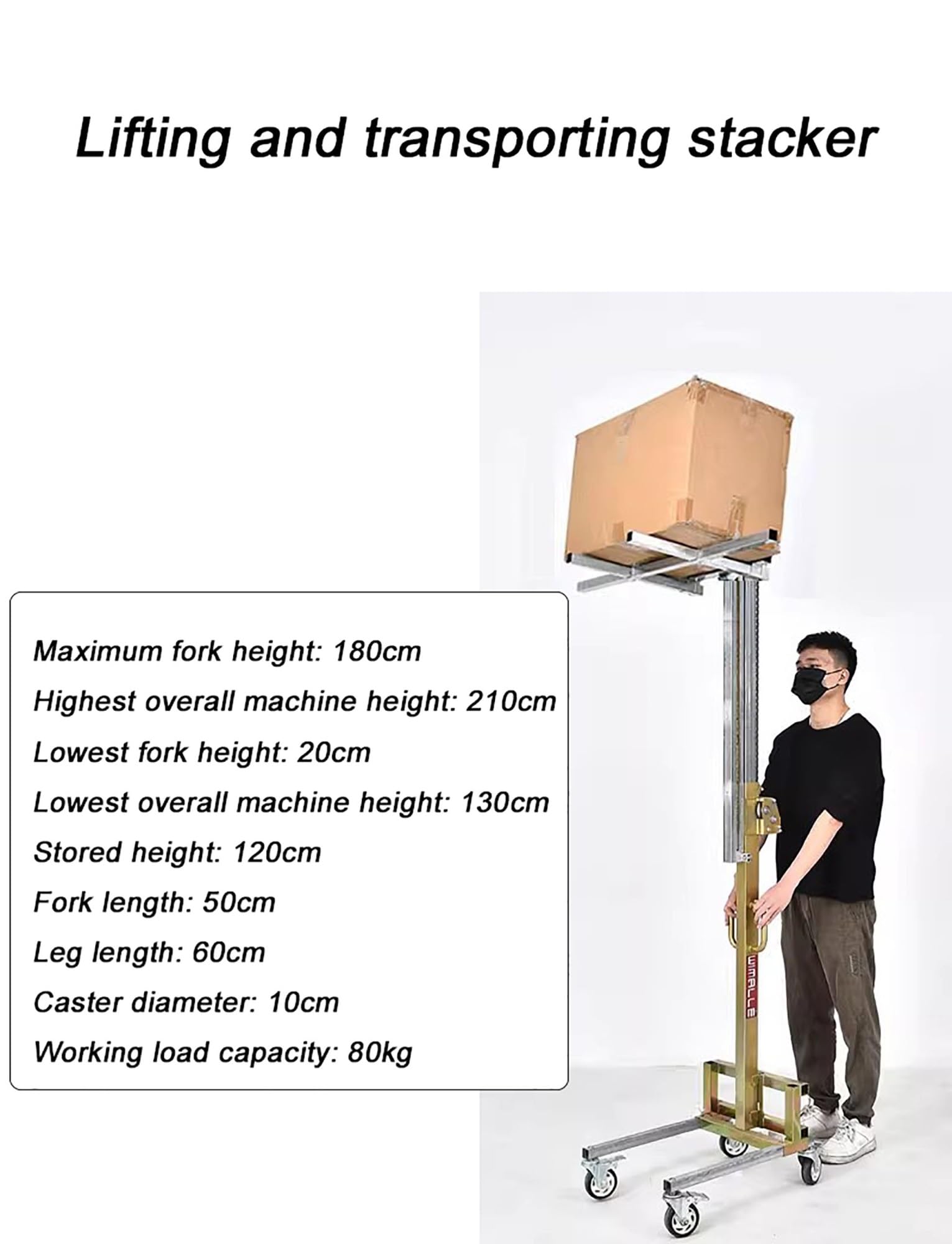 Transpaleta, carro de elevación manual resistente para almacén y garaje, capacidad de 80 kg, apilador de mano plegable de acero galvanizado para un fácil transporte y almacenamiento