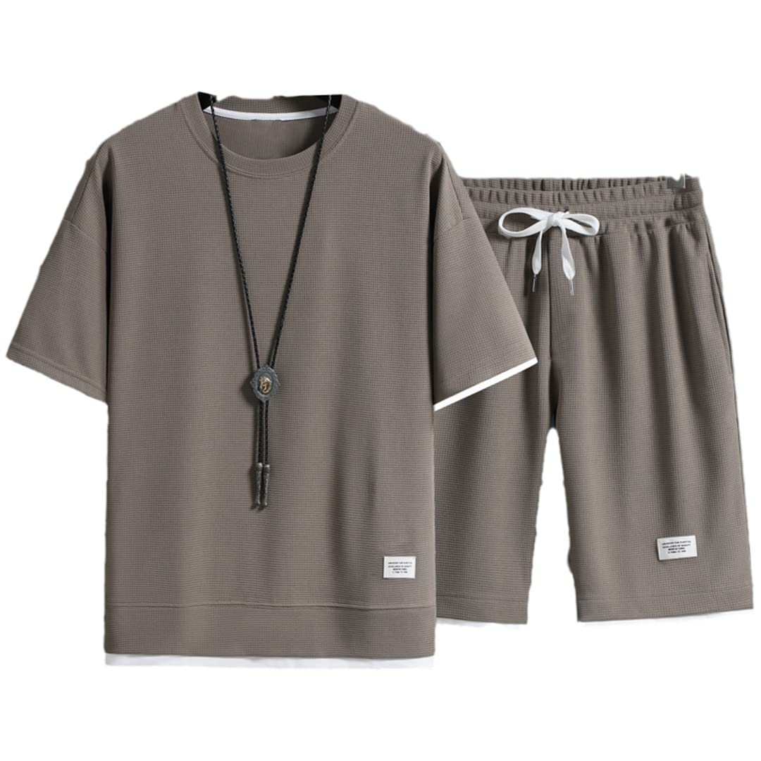 T-shirt décontracté et short en lin ensemble homme gris beige