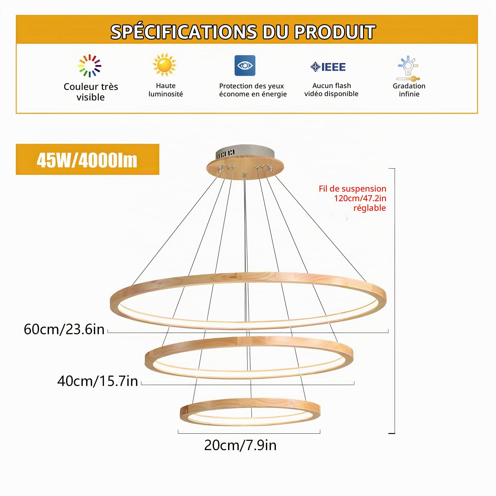 Lustres LED En Bois Plafonnier, Luminaire En Bois À 3 Anneaux À Intensité Variable, Lampe À Suspension Circulaire Réglable, Îlot De Cuisine Salle À Manger Salon Hall D'Entrée 【20+40+60cm】