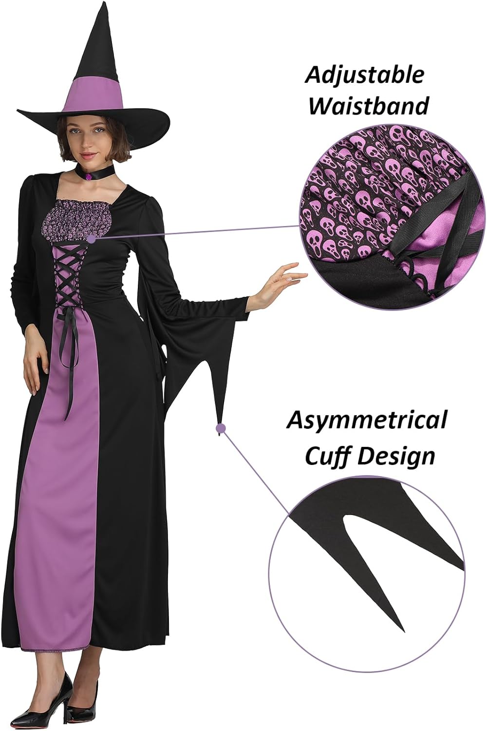 Witch Costume for Women, Adult Halloween Witch Costumes for Women with Hat Necklace