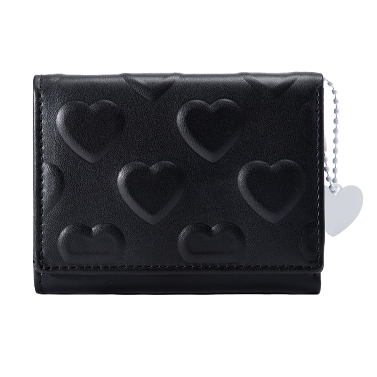 Sunwel Fashion Girls Wallet 3D Heart Embossed Cute Wallet Cash Pocket Card Holder ID Window with Heart Charm for Women (BLACK)