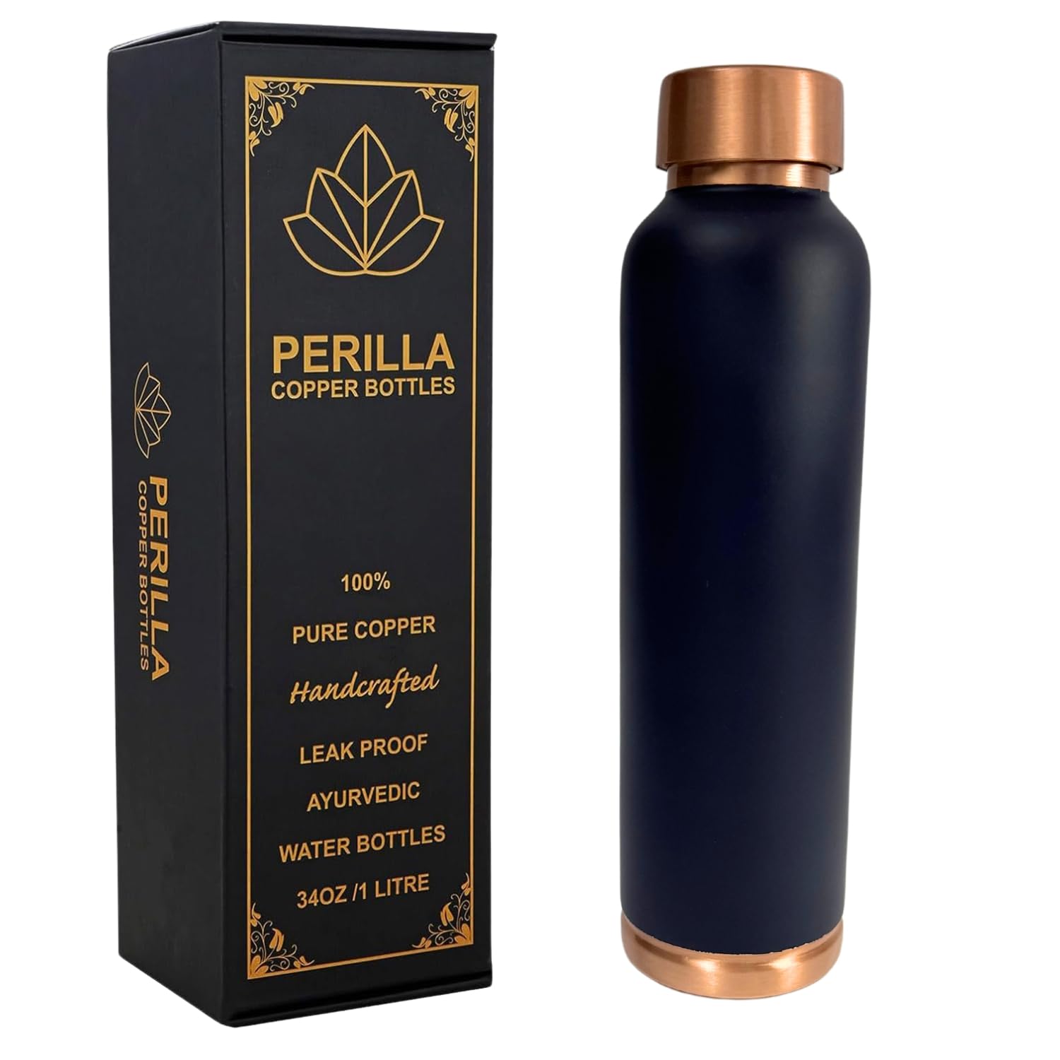 Perilla Home Plain Copper Water Bottle 34 OZ Leak Proof 100% Pure Ayurvedic Copper Vessel with Lid - Drink More Water and Enjoy Health Benefits Yoga/Gym Bottle (Dark blue bottle)