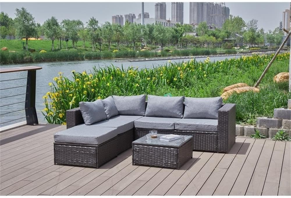 Pemberly Row Outdoor Sectional Sofa Set, Gray Cushions, Brown Wicker/Rattan Frame, 86" L x 80" W x 28" H, Tempered Glass Top Coffee Table, Water-Resistant Cushions, Modern Patio Furniture for