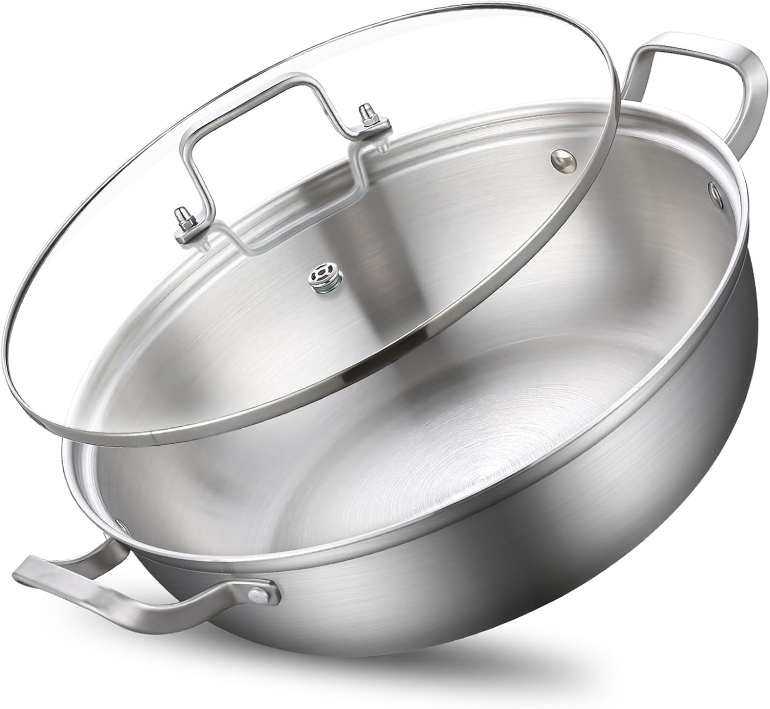 Tri-Ply Stainless Steel Saute Pan,Deep Frying Pan with lid,Compatible with All Cooktops Up to 650℉, Everyday Pan,Hot Pot,Kadhai,Induction Cooking Pot,Dishwasher and Oven Safe. (7QT)