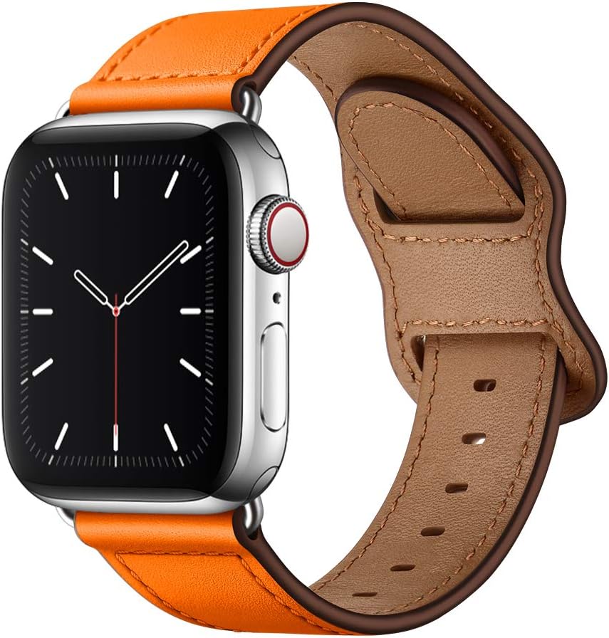 KYISGOS Compatible with iWatch Band 41mm 40mm 38mm 45mm 44mm 42mm, Genuine Leather Replacement Band Strap Compatible with Apple Watch SE Series 7 6 5 4 3 2 1 (Orange/Silver, 41mm/40mm/38mm)
