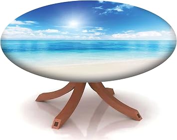 Beach Pattern Table Cloth Cover,Elastic Edge,Suitable for Catering and Kitchen Can Wipe Dining Round Table coverr,Cream Turquoise,for 28" to 35" Round Tables
