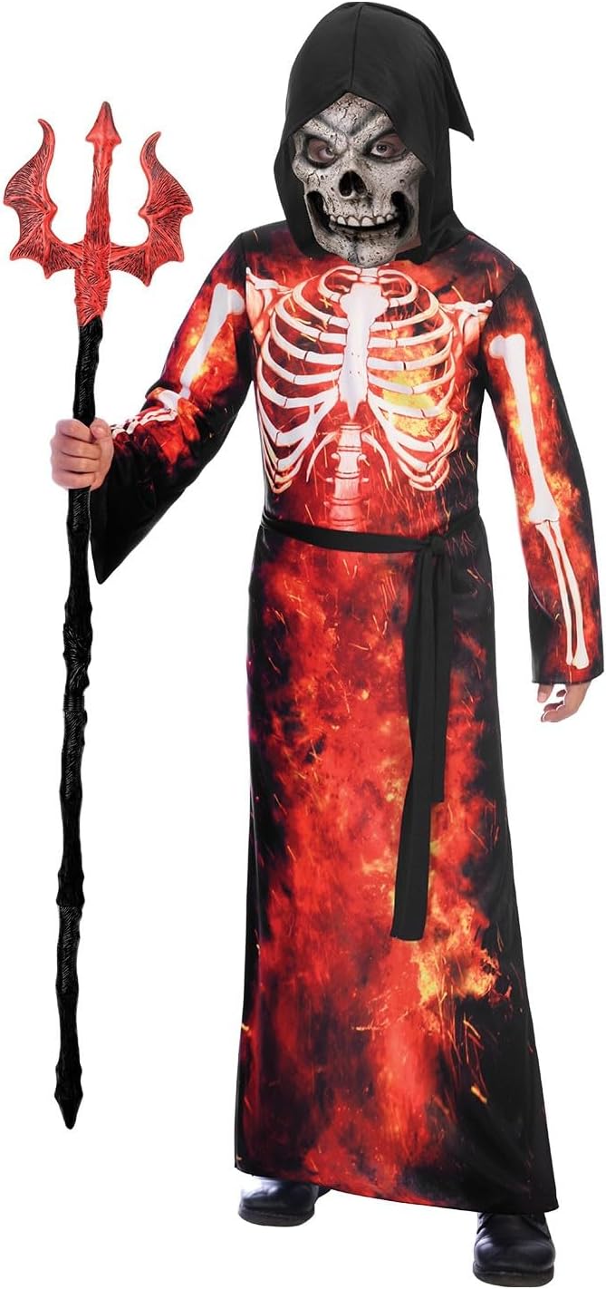 Amscan - Kinderkostüm Teuflisches Skelett, Robe mit Kapuze, Gesichtsmaske, Stoffgürtel, Teufel, Sensenmann, Mottoparty, Karneval, Halloween