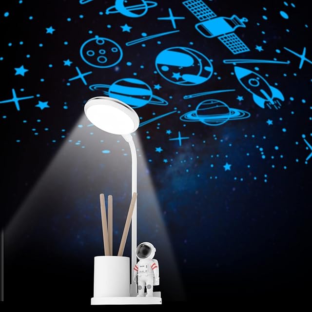 Accwork Desk Lamp with Star Projection for Kids, Table Lamp with Pen Holder Eye-Caring Night Light for Study Reading, Astronaut Starry Lamp for Christmas Birthday Gift, Stepless Dimming, 2000mAh