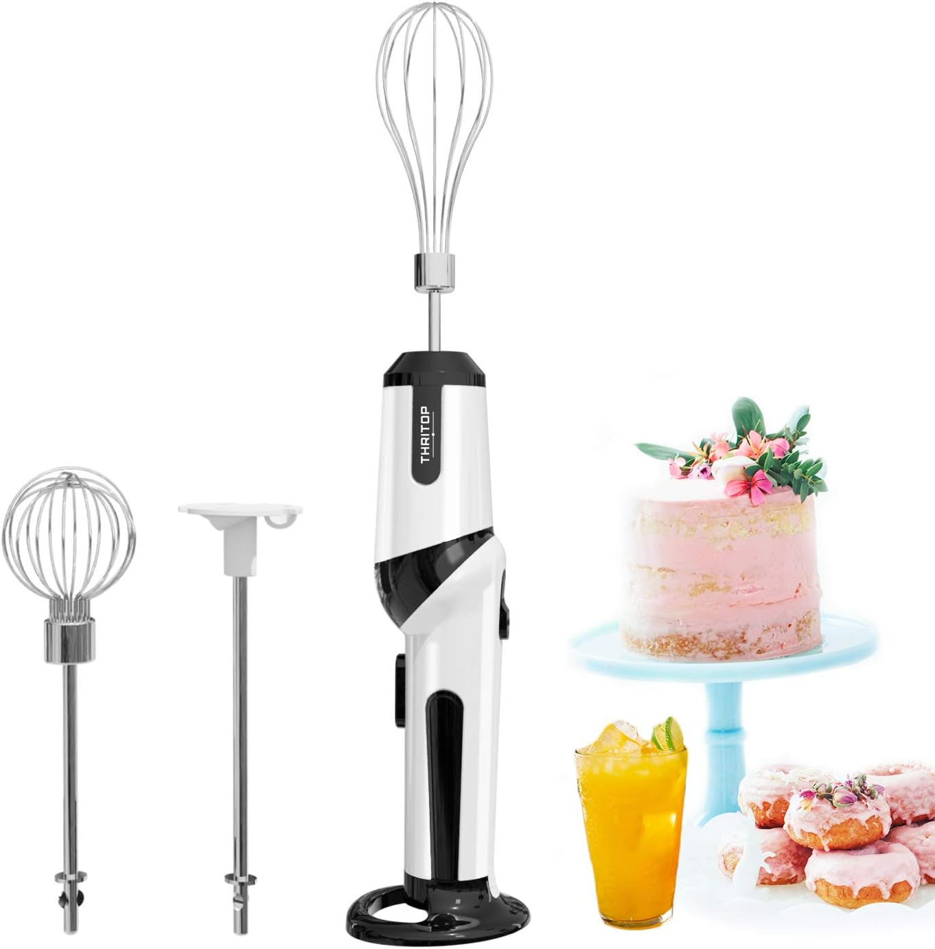 Hand Blender, THRITOP Cordless Electric Kitchen Hand Blender Kitchen Mixer Hand Stirrer,Rechargeable Battery Operated,2 speed Egg Beater,Black & White,12W Battery
