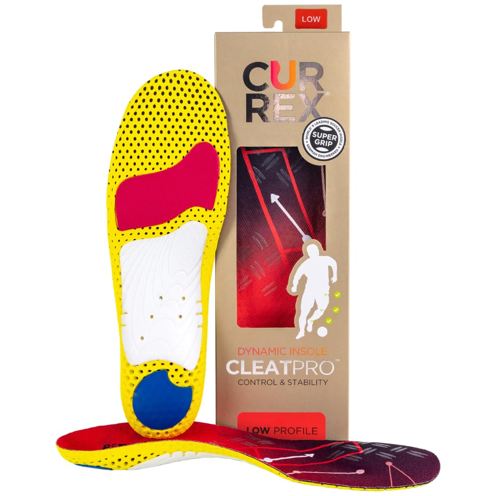 CURREX CLEATPRO - Thin, Arch Support Insoles, Comfort, Cushion & Stability in Cleats, Soccer, Football, Baseball, Softball, Super Grip for Control, Shock Absorbing Inserts, Men & Women (Low Arch, L)