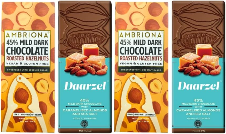 Daarzel Vegan & Gluten Free Mild Chocolate With 45% Cocoa – Roasted Hazelnut & Caramelised Almond with Sea Salt | Pack of 4 (50g Each)