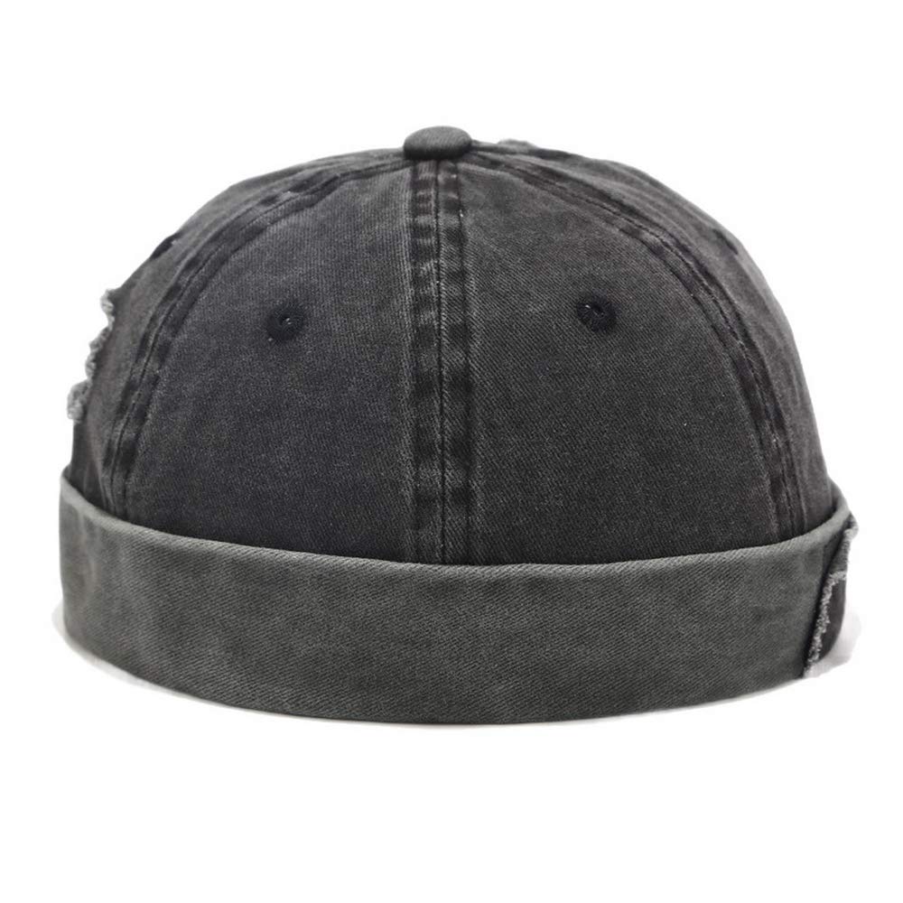 Mongous Mnes Retro Patch Brimless Cap Cotton Washed Skull Cap Docker Sailor Hat Black