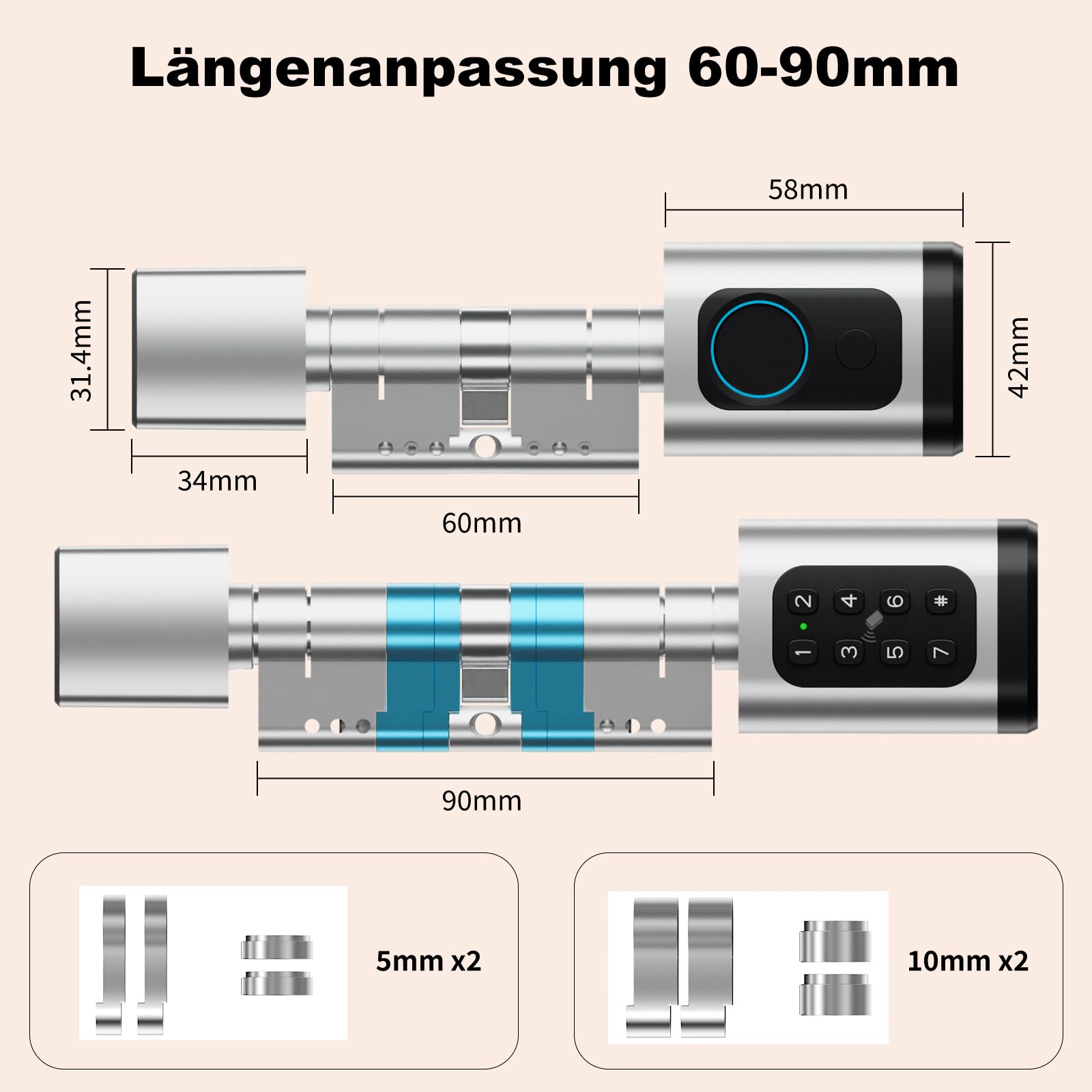 Türschloss Fingerabdruck, Fingerabdruck Schloss, Verstellbare Länge elektronisches türschloss, Smart Lock mit RFID-Karte, App, WLAN, Bluetooth-Entriegelung,Verlängerungszubehör,60–90 mm,Silber