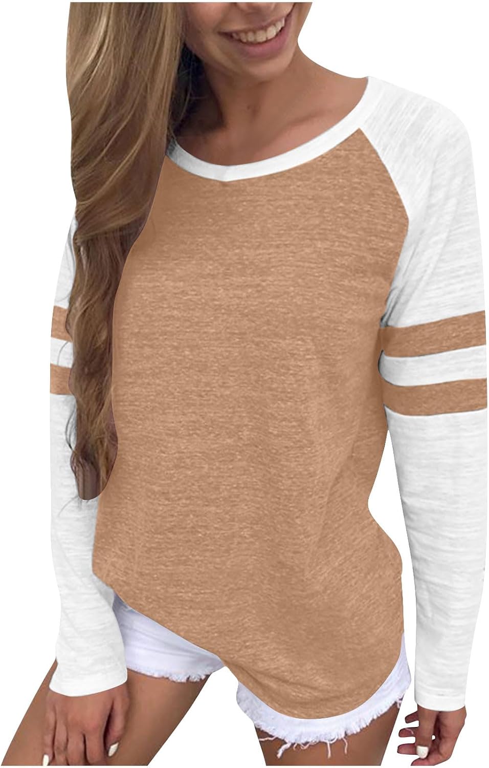 Long Sleeve Striped T Shirts for Women Color Block Baseball T-Shirt Crewneck Tops Casual Loose Tees Fall Basic Tees