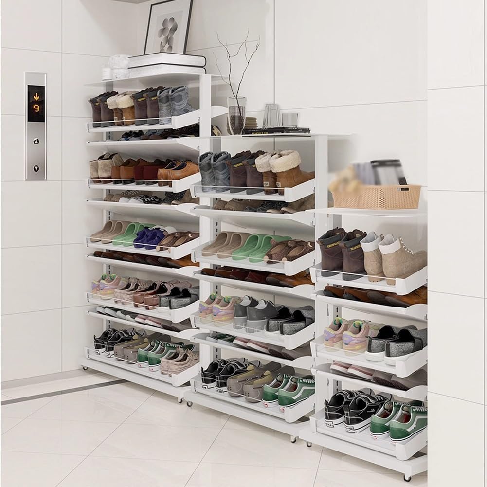 Double-Sided Shoe Storage with Wheels, Metal Tall Shoe Rack, Entryway Bedroom Shoe Organizer, Front Door Shoe Rack Organizer Shelf(68x31x87cm)